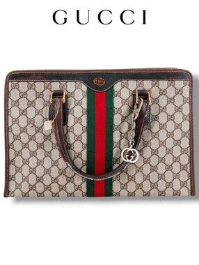 Gucci GG Supreme Canvas East West Tote Bag Brown Leather Trim Web Stripe Italy